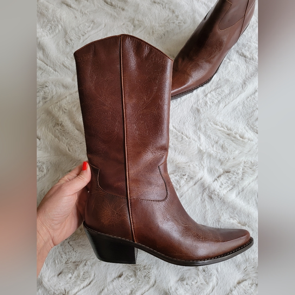 NEW Matisse Western Embossed Zip Up Brown Leather Cowboy Boots - Picture 12 of 16